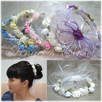 フラワーバンリースMO（FG2288）（全５色）【ヘアアクセサリー ヘッドティアラ キッズ用 子供用 ドレスアップ 女の子】【即日発送可】 薄桃 薄青 薄紫 真白