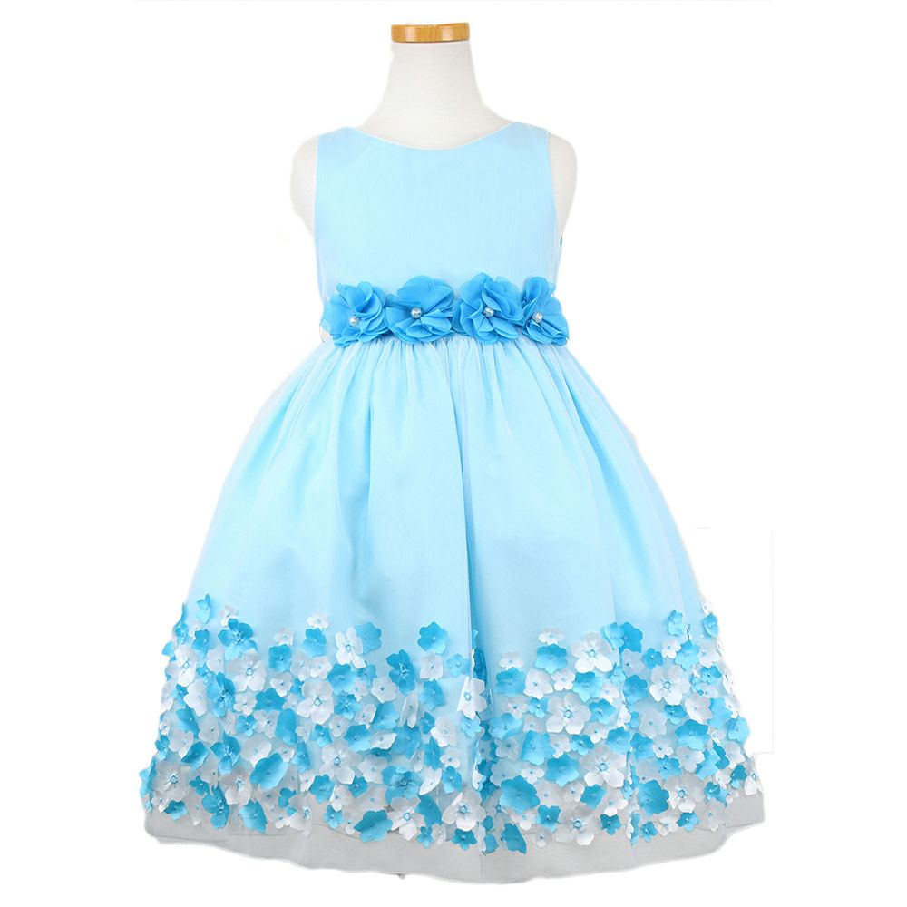 ピアノ発表会や結婚式にぴったりのカラーの女の子用キッズドレス。シンプルで美しいシルエットが魅力のAngel's Closetの子供ドレス レンタル商品（【レンタル】フラワーモチーフスカートメッシュ子供ドレス(KD332)アクア）｜画像2