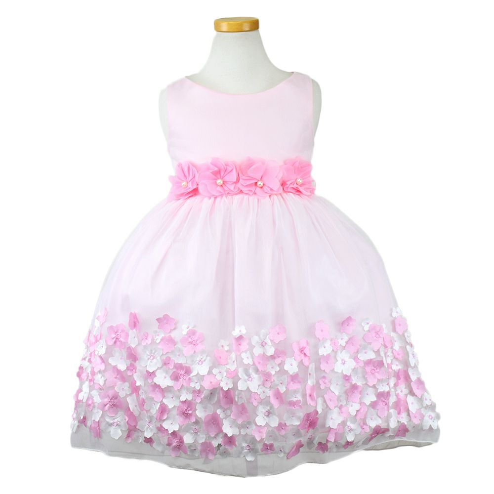 ピアノ発表会や結婚式にぴったりのピンクカラーの女の子用キッズドレス。シンプルで美しいシルエットが魅力のAngel's Closetの子供ドレス レンタル商品（【レンタル】フラワーモチーフスカートメッシュ子供ドレス(KD332)ピンク）｜画像2