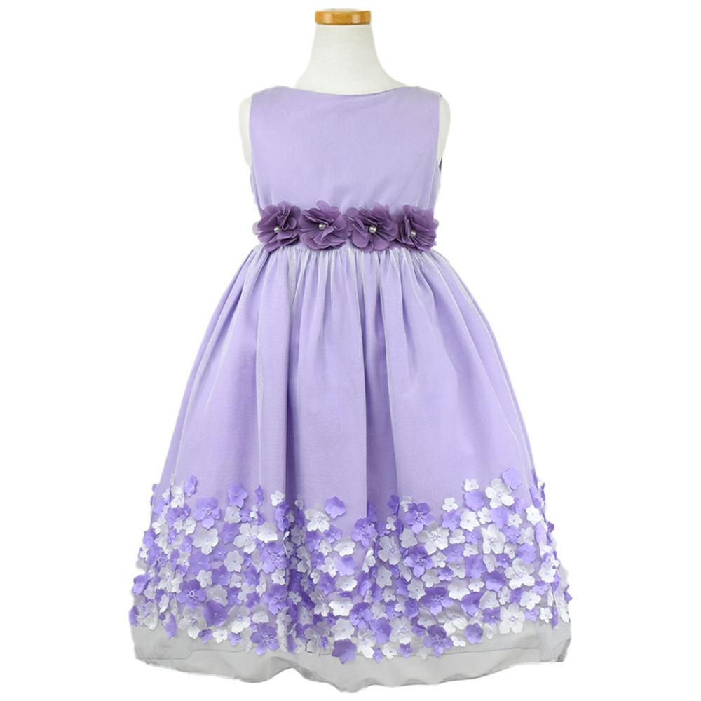 ピアノ発表会や結婚式にぴったりのライラックカラーの女の子用キッズドレス。シンプルで美しいシルエットが魅力のAngel's Closetの子供ドレス レンタル商品（【レンタル】フラワーモチーフスカートメッシュ子供ドレス(KD332)ライラック）｜画像2