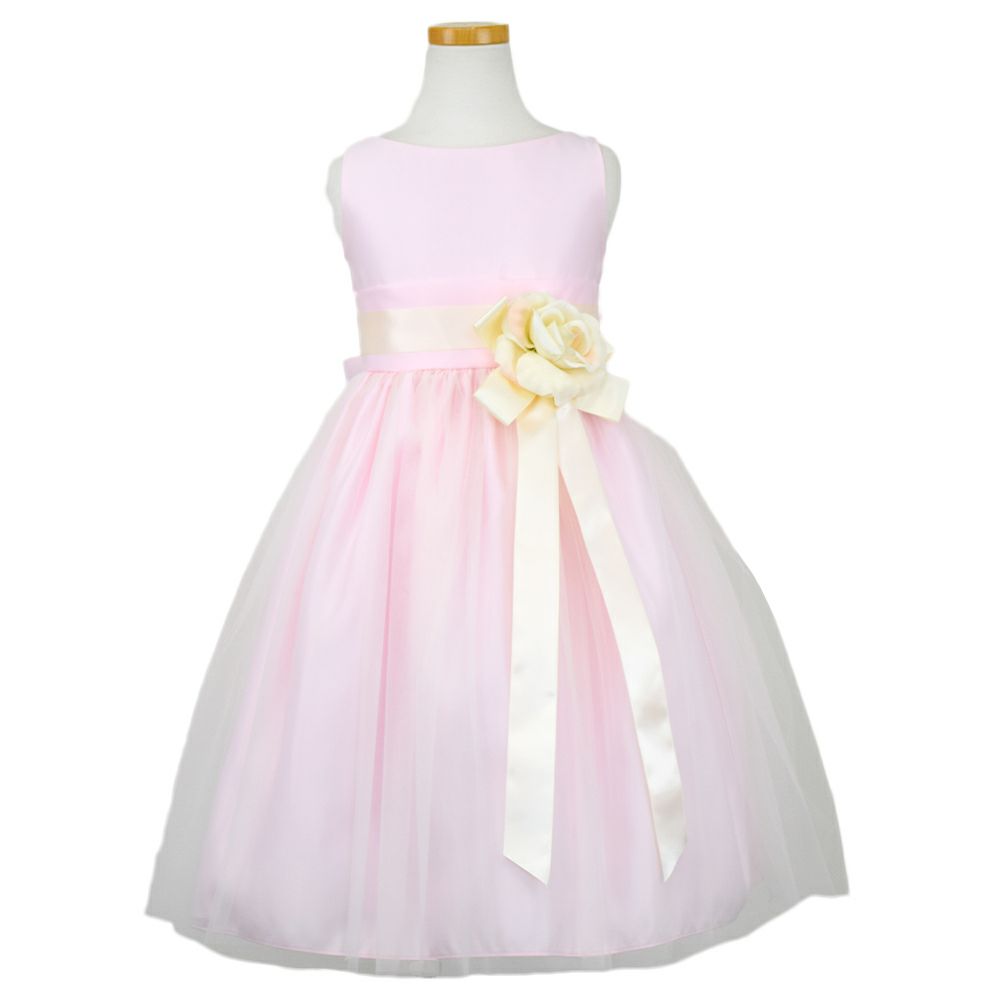 ピアノ発表会や結婚式にぴったりのピンクカラーの女の子用キッズドレス。シンプルで美しいシルエットが魅力のAngel's Closetの子供ドレス レンタル商品（【レンタル】ヴィンテージサテン＆チュール子供ドレス(SK402)ピンク）｜画像2