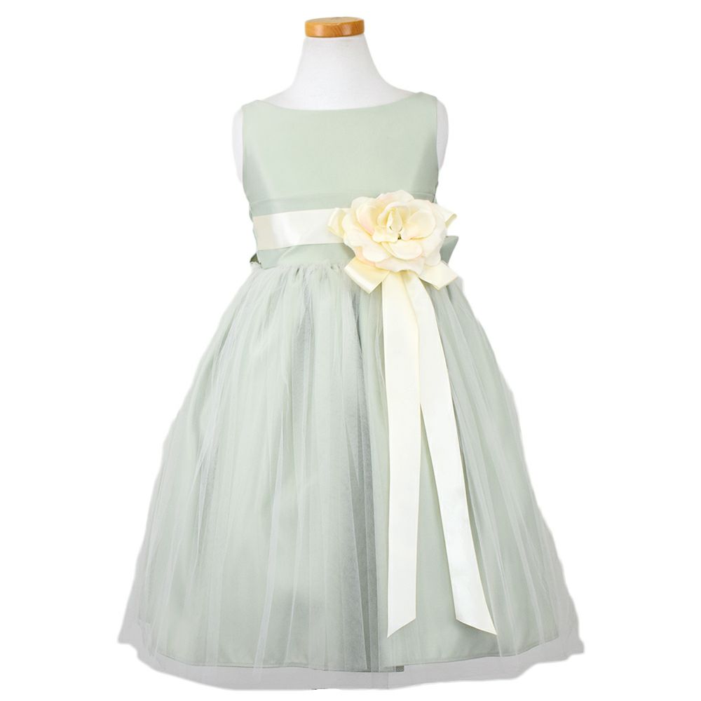 ピアノ発表会や結婚式にぴったりのカラーの女の子用キッズドレス。シンプルで美しいシルエットが魅力のAngel's Closetの子供ドレス レンタル商品（【レンタル】ヴィンテージサテン＆チュール子供ドレス(SK402)セージ）｜画像2