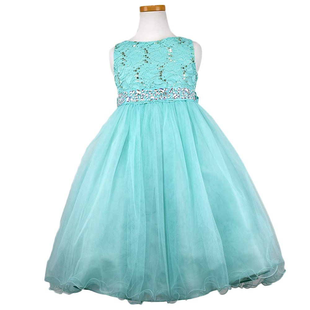 ピアノ発表会や結婚式にぴったりのカラーの女の子用キッズドレス。シンプルで美しいシルエットが魅力のAngel's Closetの子供ドレス レンタル商品（【レンタル】レース＆ラインストーンビジューベルトクリスタルチュール子供ドレス(MBK340)ミント）｜画像2