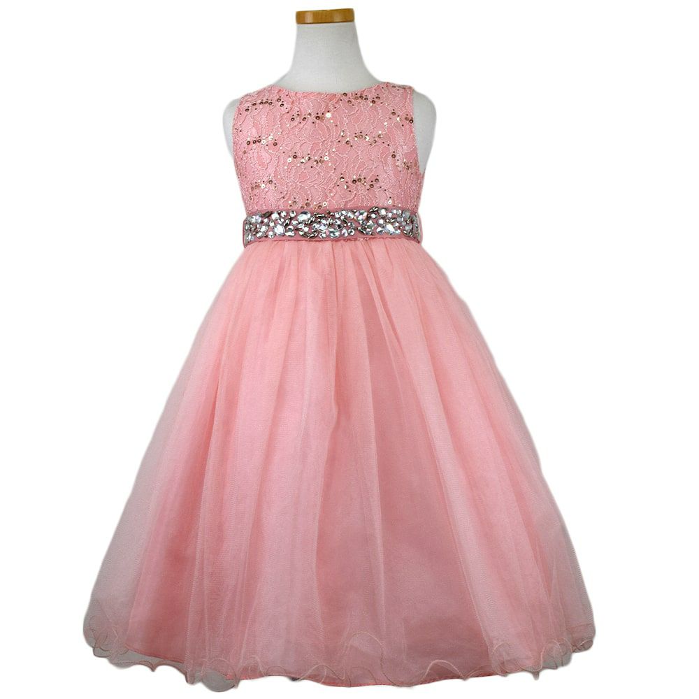 ピアノ発表会や結婚式にぴったりのカラーの女の子用キッズドレス。シンプルで美しいシルエットが魅力のAngel's Closetの子供ドレス レンタル商品（【レンタル】レース＆ラインストーンビジューベルトクリスタルチュール子供ドレス(MBK340)ブラッシュ）｜画像2