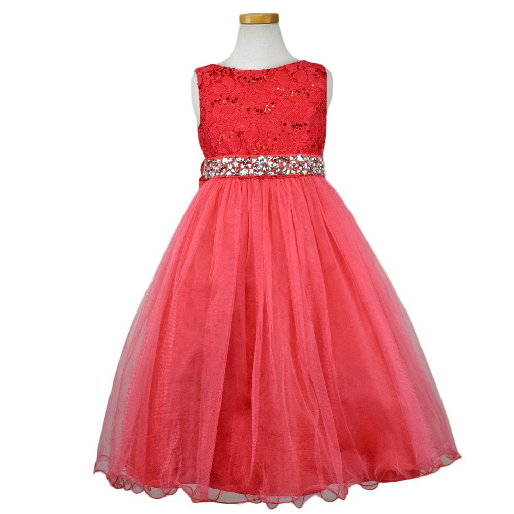 ピアノ発表会や結婚式にぴったりのカラーの女の子用キッズドレス。シンプルで美しいシルエットが魅力のAngel's Closetの子供ドレス レンタル商品（【レンタル】レース＆ラインストーンビジューベルトクリスタルチュール子供ドレス(MBK340)コーラル）｜画像2