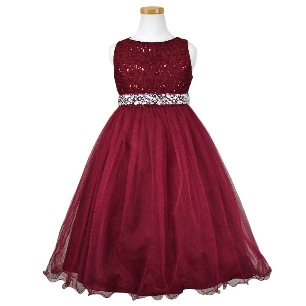 ピアノ発表会や結婚式にぴったりのカラーの女の子用キッズドレス。シンプルで美しいシルエットが魅力のAngel's Closetの子供ドレス レンタル商品（【レンタル】レース＆ラインストーンビジューベルトクリスタルチュール子供ドレス(MBK340)バーガンディー）｜画像2