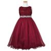 ピアノ発表会や結婚式にぴったりのカラーの女の子用キッズドレス。シンプルで美しいシルエットが魅力のAngel's Closetの子供ドレス レンタル商品（【レンタル】レース＆ラインストーンビジューベルトクリスタルチュール子供ドレス(MBK340)バーガンディー）｜画像2