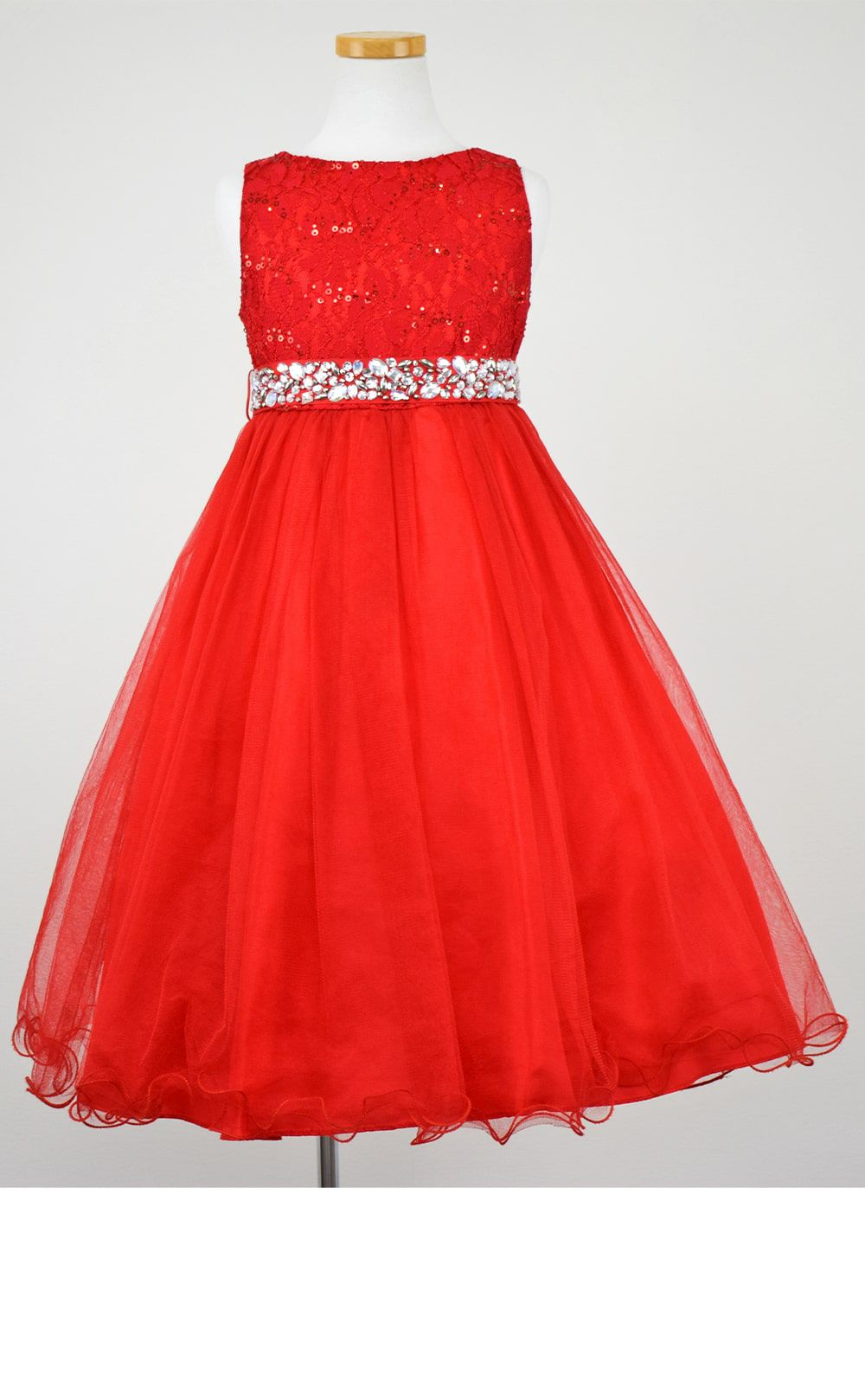 ピアノ発表会や結婚式にぴったりのカラーの女の子用キッズドレス。シンプルで美しいシルエットが魅力のAngel's Closetの子供ドレス レンタル商品（【レンタル】レース＆ラインストーンビジューベルトクリスタルチュール子供ドレス(MBK340)レッド）｜画像3