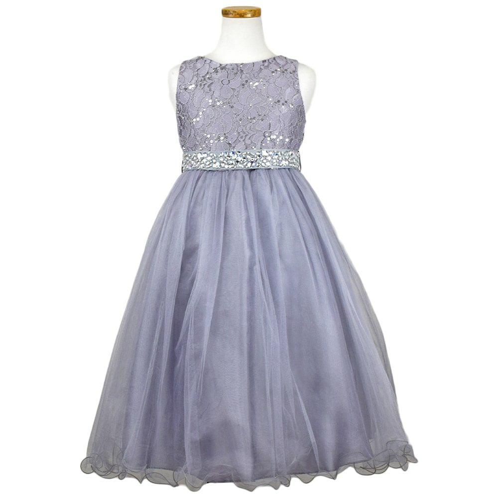 ピアノ発表会や結婚式にぴったりのカラーの女の子用キッズドレス。シンプルで美しいシルエットが魅力のAngel's Closetの子供ドレス レンタル商品（【レンタル】レース＆ラインストーンビジューベルトクリスタルチュール子供ドレス(MBK340)シルバー）｜画像2