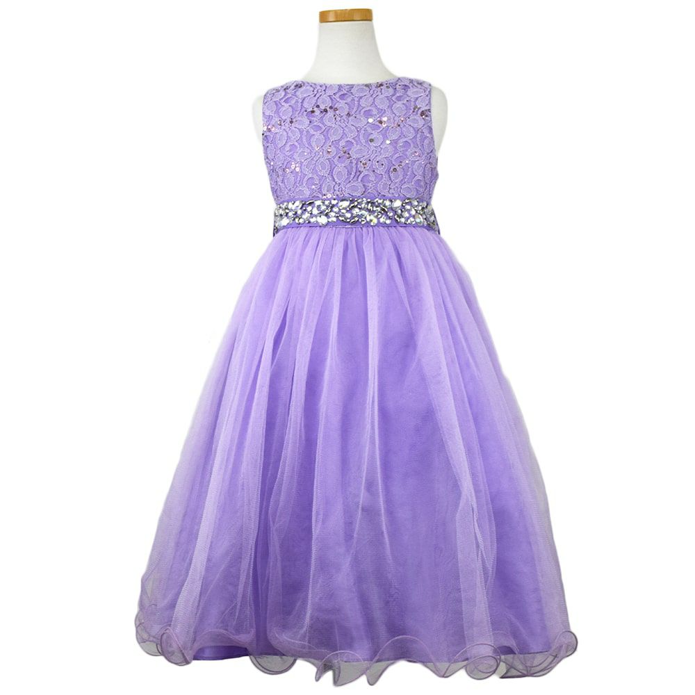 ピアノ発表会や結婚式にぴったりのライラックカラーの女の子用キッズドレス。シンプルで美しいシルエットが魅力のAngel's Closetの子供ドレス レンタル商品（【レンタル】レース＆ラインストーンビジューベルトクリスタルチュール子供ドレス(MBK340)ライラック）｜画像2