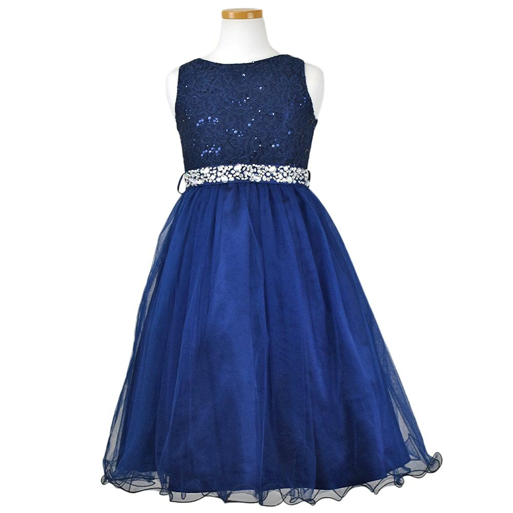ピアノ発表会や結婚式にぴったりのネイビーカラーの女の子用キッズドレス。シンプルで美しいシルエットが魅力のAngel's Closetの子供ドレス レンタル商品（【レンタル】レース＆ラインストーンビジューベルトクリスタルチュール子供ドレス(MBK340)ネイビー）｜画像2