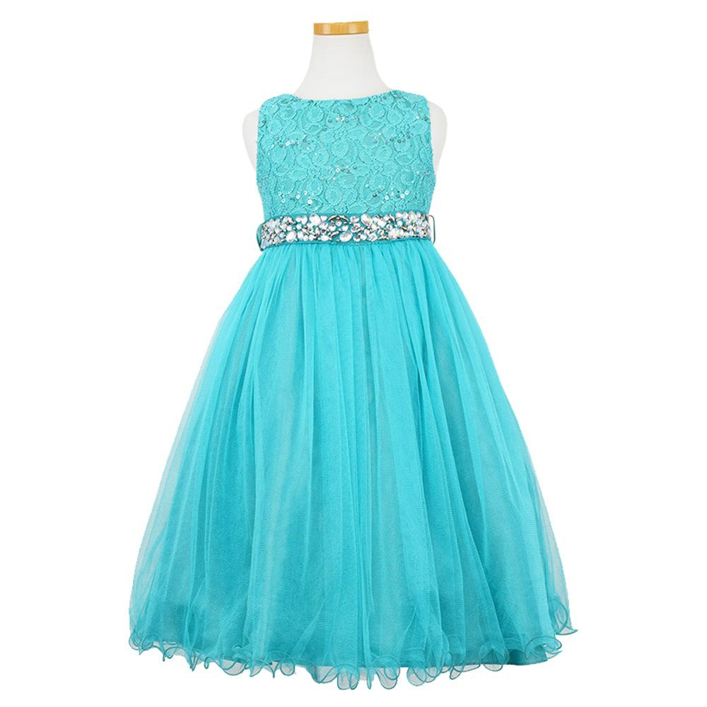 ピアノ発表会や結婚式にぴったりのカラーの女の子用キッズドレス。シンプルで美しいシルエットが魅力のAngel's Closetの子供ドレス レンタル商品（【レンタル】レース＆ラインストーンビジューベルトクリスタルチュール子供ドレス(MBK340)ひすい）｜画像2