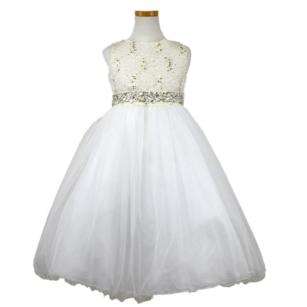 ピアノ発表会や結婚式にぴったりのカラーの女の子用キッズドレス。シンプルで美しいシルエットが魅力のAngel's Closetの子供ドレス レンタル商品（【レンタル】レース＆ラインストーンビジューベルトクリスタルチュール子供ドレス(MBK340)アイボリー）｜画像2