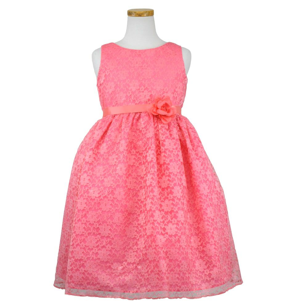 ピアノ発表会や結婚式にぴったりのカラーの女の子用キッズドレス。シンプルで美しいシルエットが魅力のAngel's Closetの子供ドレス レンタル商品（【レンタル】フラワーレースサテンリボン子供ドレス(CCD749)コーラル）｜画像2