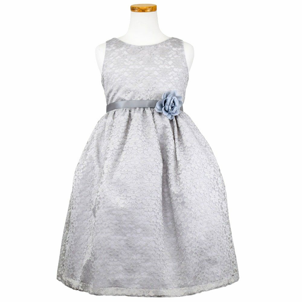 ピアノ発表会や結婚式にぴったりのカラーの女の子用キッズドレス。シンプルで美しいシルエットが魅力のAngel's Closetの子供ドレス レンタル商品（【レンタル】フラワーレースサテンリボン子供ドレス(CCD749)シルバー）｜画像2