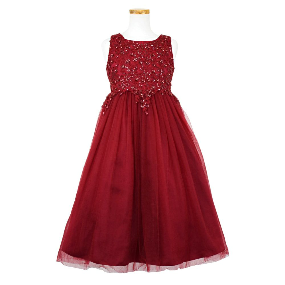 ピアノ発表会や結婚式にぴったりのカラーの女の子用キッズドレス。シンプルで美しいシルエットが魅力のAngel's Closetの子供ドレス レンタル商品（【レンタル】パールスパンコールスーパーエレガントチュール子供ドレス(cdc5008)バーガンディー）｜画像2
