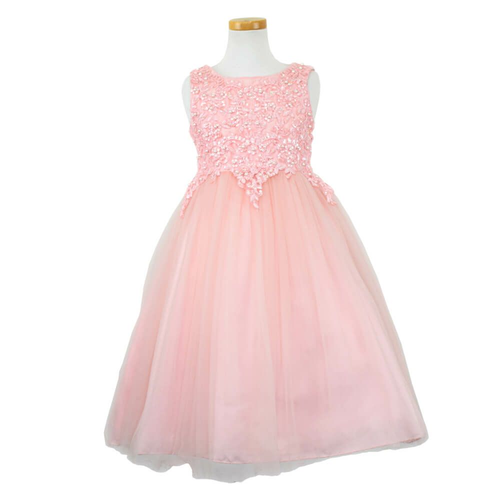ピアノ発表会や結婚式にぴったりのピンクカラーの女の子用キッズドレス。シンプルで美しいシルエットが魅力のAngel's Closetの子供ドレス レンタル商品（【レンタル】パールスパンコールスーパーエレガントチュール子供ドレス(cdc5008)ブラッシュピンク）｜画像2