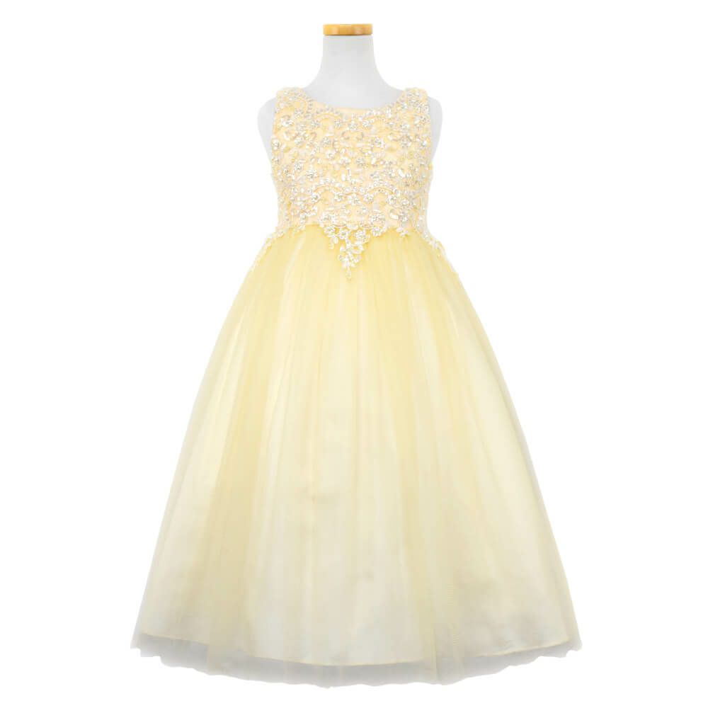 ピアノ発表会や結婚式にぴったりのカラーの女の子用キッズドレス。シンプルで美しいシルエットが魅力のAngel's Closetの子供ドレス レンタル商品（【レンタル】パールスパンコールスーパーエレガントチュール子供ドレス(cdc5008)シャンパン）｜画像2