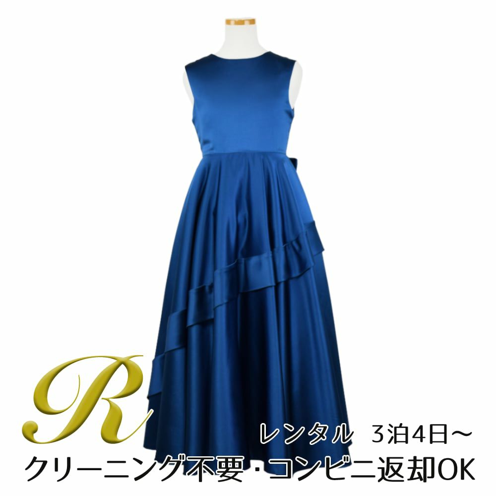 ピアノ発表会や結婚式にぴったりのネイビーカラーの女の子用キッズドレス。シンプルで美しいシルエットが魅力のAngel's Closetの子供ドレス レンタル商品（【レンタル】クラシカルサテンプリンセスロング子供ドレスB(yp005b)ライトネイビー）｜画像1