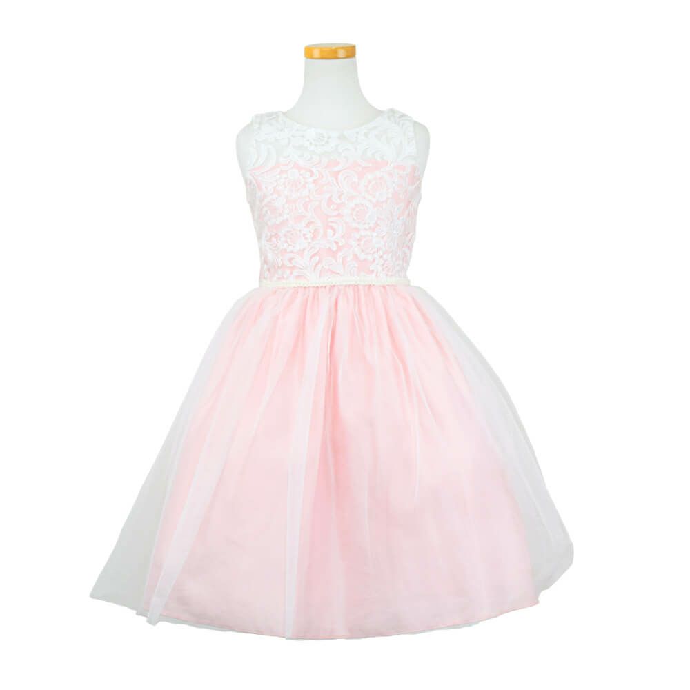 ピアノ発表会や結婚式にぴったりのピンクカラーの女の子用キッズドレス。シンプルで美しいシルエットが魅力のAngel's Closetの子供ドレス レンタル商品（【レンタル】エレガント刺繍メッシュ＆パールトリム子供ドレス(SK740)ペールピンク）｜画像2