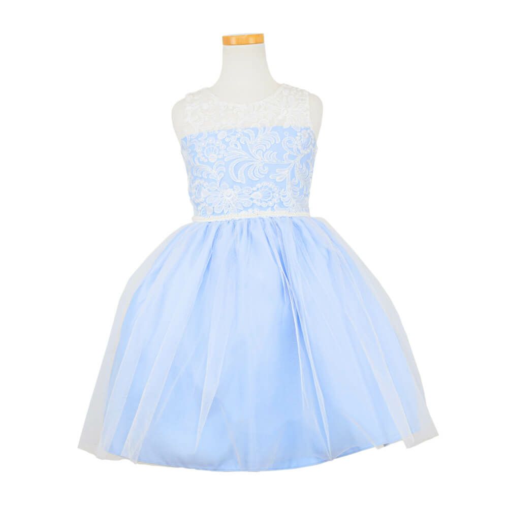 ピアノ発表会や結婚式にぴったりのブルーカラーの女の子用キッズドレス。シンプルで美しいシルエットが魅力のAngel's Closetの子供ドレス レンタル商品（【レンタル】エレガント刺繍メッシュ＆パールトリム子供ドレス(SK740)ブルー）｜画像2