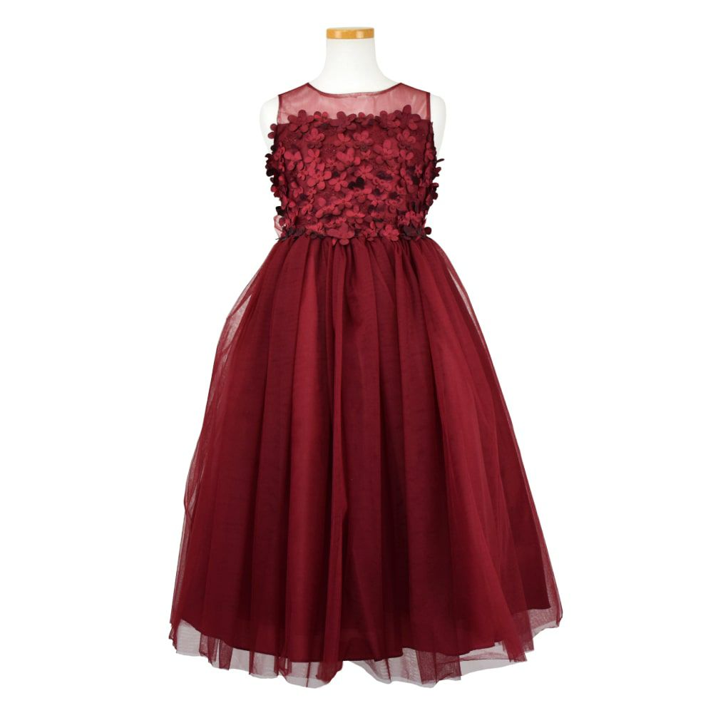 ピアノ発表会や結婚式にぴったりのカラーの女の子用キッズドレス。シンプルで美しいシルエットが魅力のAngel's Closetの子供ドレス レンタル商品（【レンタル】エレガントフラワーパッチ＆チュール子供ドレス(CCD771)バーガンディー）｜画像2