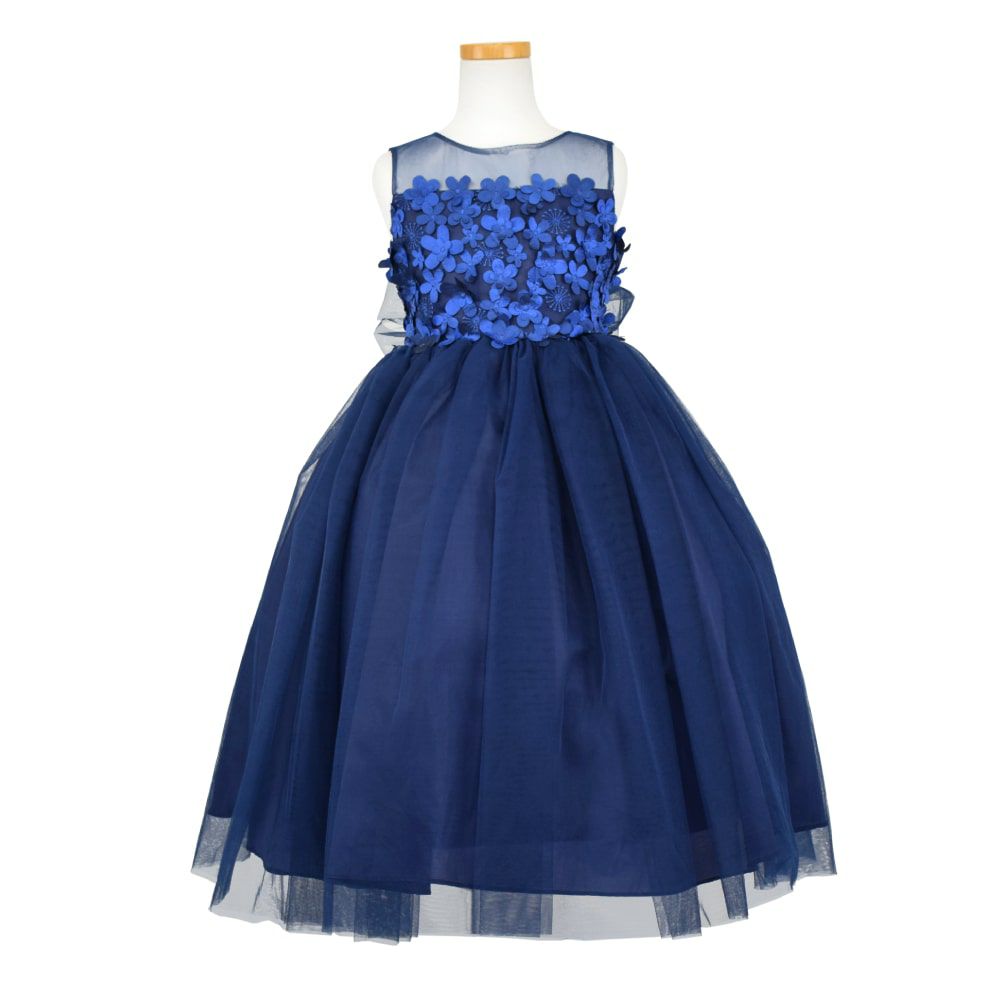ピアノ発表会や結婚式にぴったりのネイビーカラーの女の子用キッズドレス。シンプルで美しいシルエットが魅力のAngel's Closetの子供ドレス レンタル商品（【レンタル】エレガントフラワーパッチ＆チュール子供ドレス(CCD771)ネイビー）｜画像2