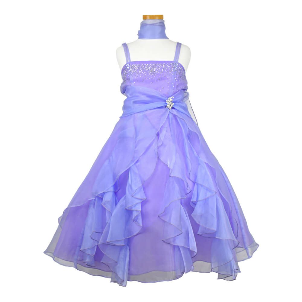 ピアノ発表会や結婚式にぴったりのライラックカラーの女の子用キッズドレス。シンプルで美しいシルエットが魅力のAngel's Closetの子供ドレス レンタル商品（【レンタル】ラインストーン＆オーガンジーレイヤードフリル子供ドレス(HC734)ライラック）｜画像2