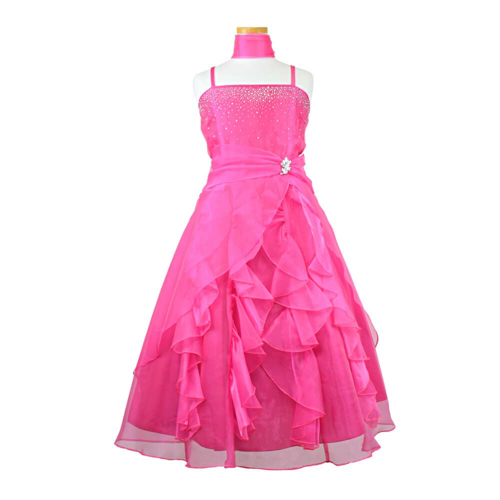 ピアノ発表会や結婚式にぴったりのカラーの女の子用キッズドレス。シンプルで美しいシルエットが魅力のAngel's Closetの子供ドレス レンタル商品（【レンタル】ラインストーン＆オーガンジーレイヤードフリル子供ドレス(HC734)フクシア）｜画像2