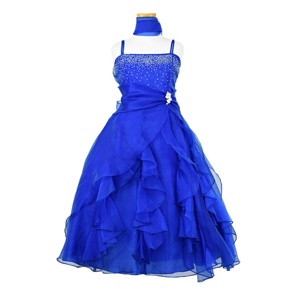 ピアノ発表会や結婚式にぴったりのブルーカラーの女の子用キッズドレス。シンプルで美しいシルエットが魅力のAngel's Closetの子供ドレス レンタル商品（【レンタル】ラインストーン＆オーガンジーレイヤードフリル子供ドレス(HC734)ロイヤルブルー）｜画像2