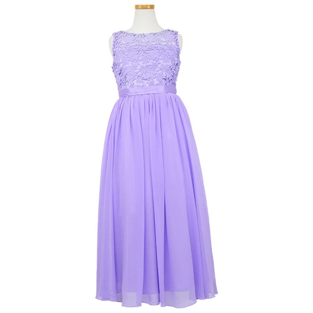 ピアノ発表会や結婚式にぴったりのライラックカラーの女の子用キッズドレス。シンプルで美しいシルエットが魅力のAngel's Closetの子供ドレス レンタル商品（【レンタル】エレガント3Dレースシフォンロング子供ドレス(CDC5006)ライラック）｜画像2