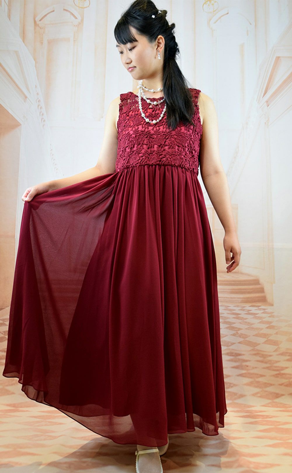 ピアノ発表会や結婚式にぴったりのライラックカラーの女の子用キッズドレス。シンプルで美しいシルエットが魅力のAngel's Closetの子供ドレス レンタル商品（【レンタル】エレガント3Dレースシフォンロング子供ドレス(CDC5006)ライラック）｜画像13