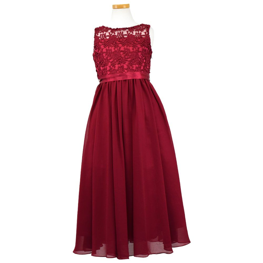 ピアノ発表会や結婚式にぴったりのカラーの女の子用キッズドレス。シンプルで美しいシルエットが魅力のAngel's Closetの子供ドレス レンタル商品（【レンタル】エレガント3Dレースシフォンロング子供ドレス(CDC5006)バーガンディー）｜画像2