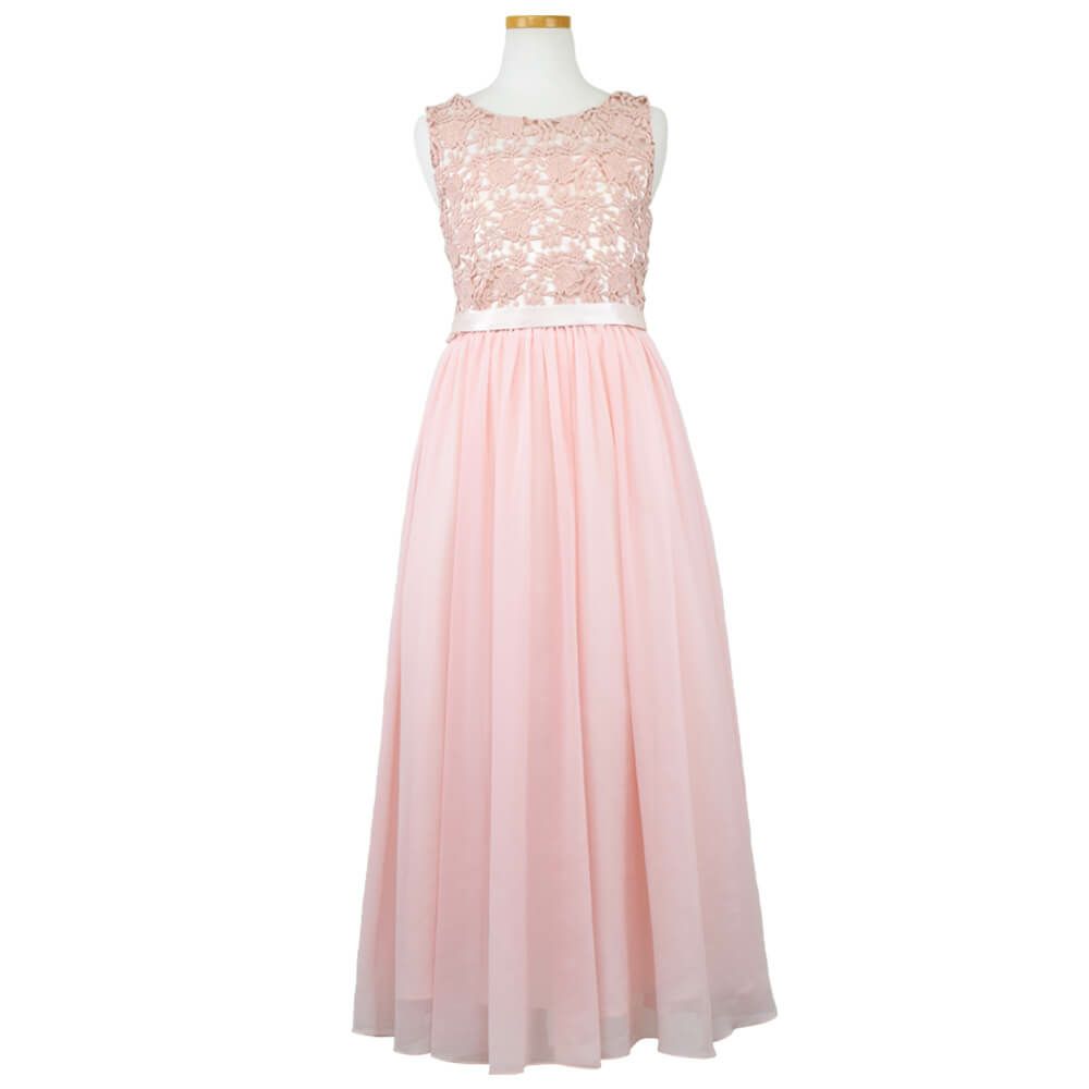 ピアノ発表会や結婚式にぴったりのカラーの女の子用キッズドレス。シンプルで美しいシルエットが魅力のAngel's Closetの子供ドレス レンタル商品（【レンタル】エレガント3Dレースシフォンロング子供ドレス(CDC5006)ブラッシュ）｜画像2