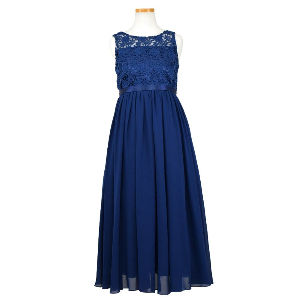 ピアノ発表会や結婚式にぴったりのネイビーカラーの女の子用キッズドレス。シンプルで美しいシルエットが魅力のAngel's Closetの子供ドレス レンタル商品（【レンタル】エレガント3Dレースシフォンロング子供ドレス(CDC5006)ネイビー）｜画像2