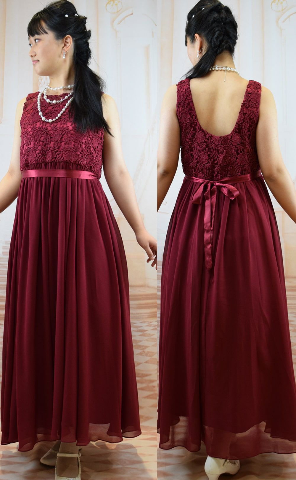 ピアノ発表会や結婚式にぴったりのネイビーカラーの女の子用キッズドレス。シンプルで美しいシルエットが魅力のAngel's Closetの子供ドレス レンタル商品（【レンタル】エレガント3Dレースシフォンロング子供ドレス(CDC5006)ネイビー）｜画像14