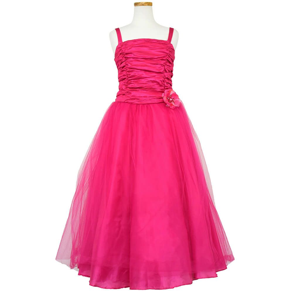 ピアノ発表会や結婚式にぴったりのカラーの女の子用キッズドレス。シンプルで美しいシルエットが魅力のAngel's Closetの子供ドレス レンタル商品（【レンタル】クリンクルタフタ＆チュールロング子供ドレス（コルセットバック）(CDC4001)フクシア）｜画像2