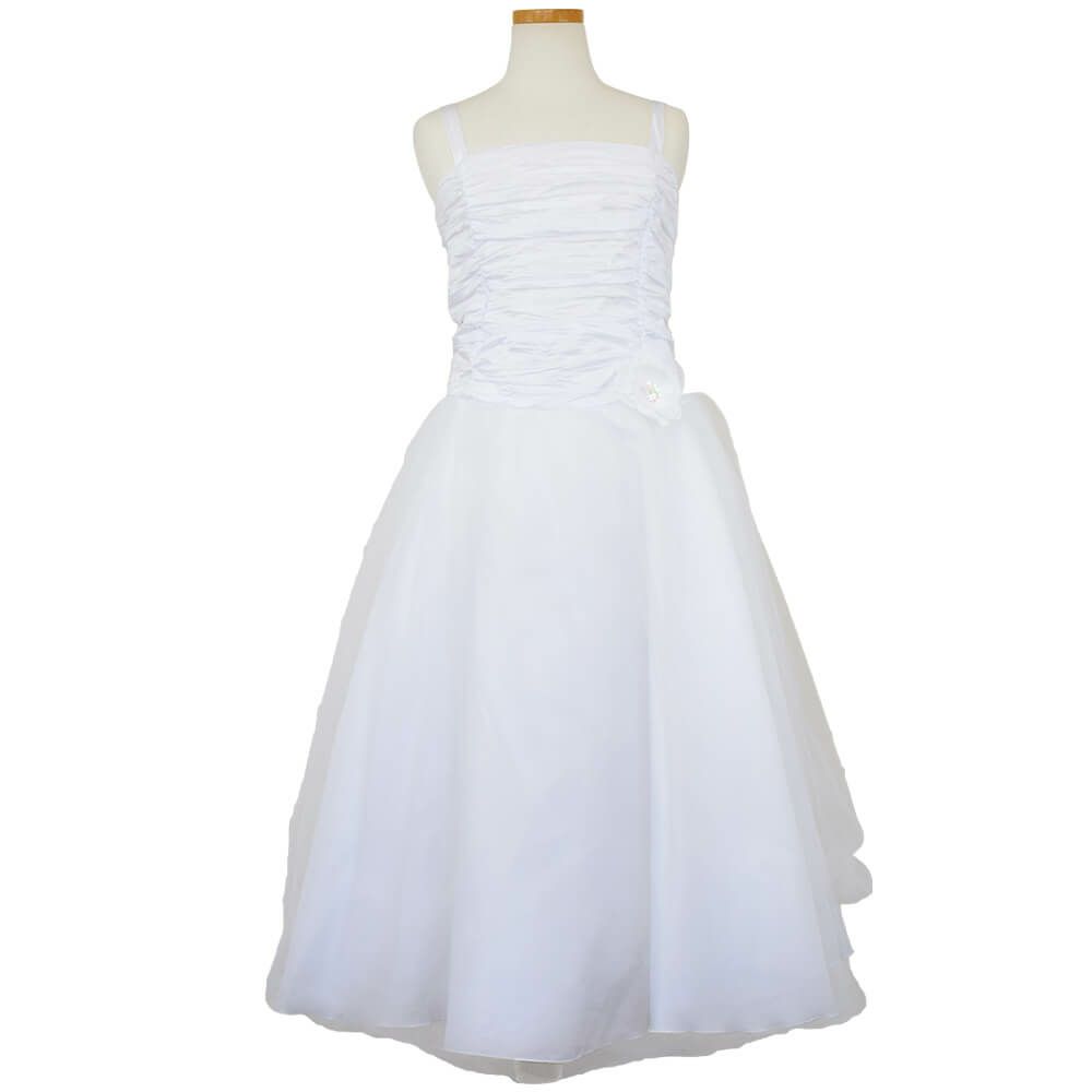 ピアノ発表会や結婚式にぴったりのホワイトカラーの女の子用キッズドレス。シンプルで美しいシルエットが魅力のAngel's Closetの子供ドレス レンタル商品（【レンタル】クリンクルタフタ＆チュールロング子供ドレス（コルセットバック）(CDC4001)ホワイト）｜画像2