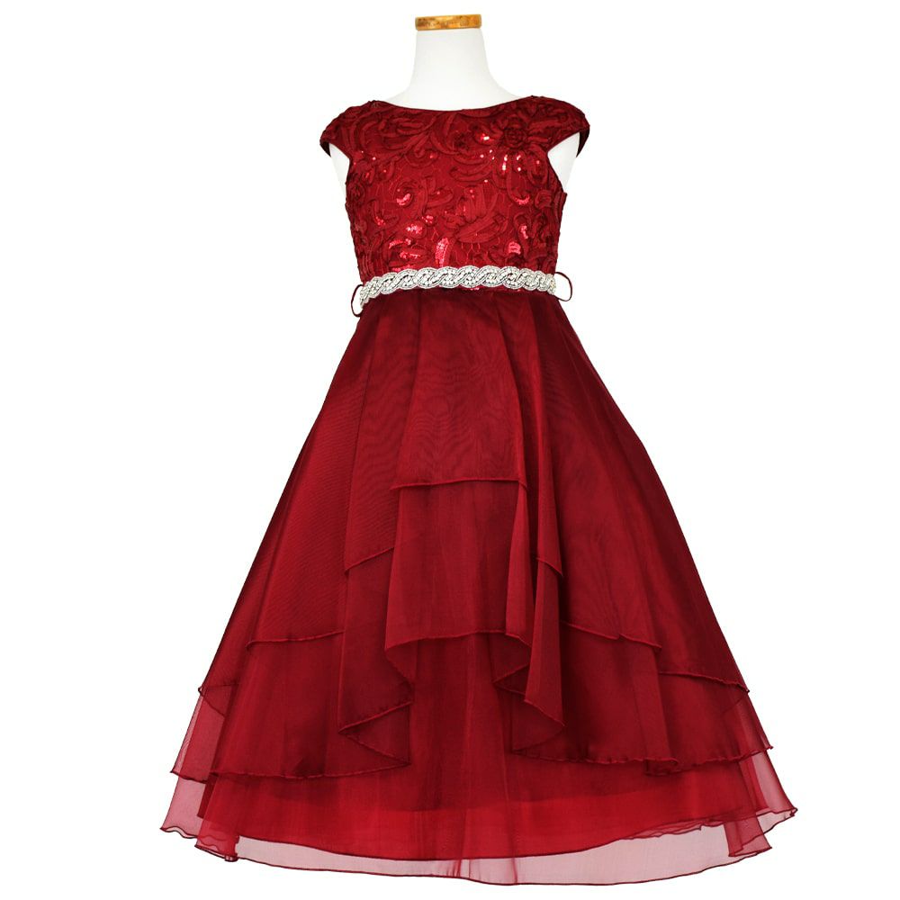 ピアノ発表会や結婚式にぴったりのカラーの女の子用キッズドレス。シンプルで美しいシルエットが魅力のAngel's Closetの子供ドレス レンタル商品（【レンタル】スパークリートップ＆オーガンジーレイヤー子供ドレス(JK3811)バーガンディー）｜画像2