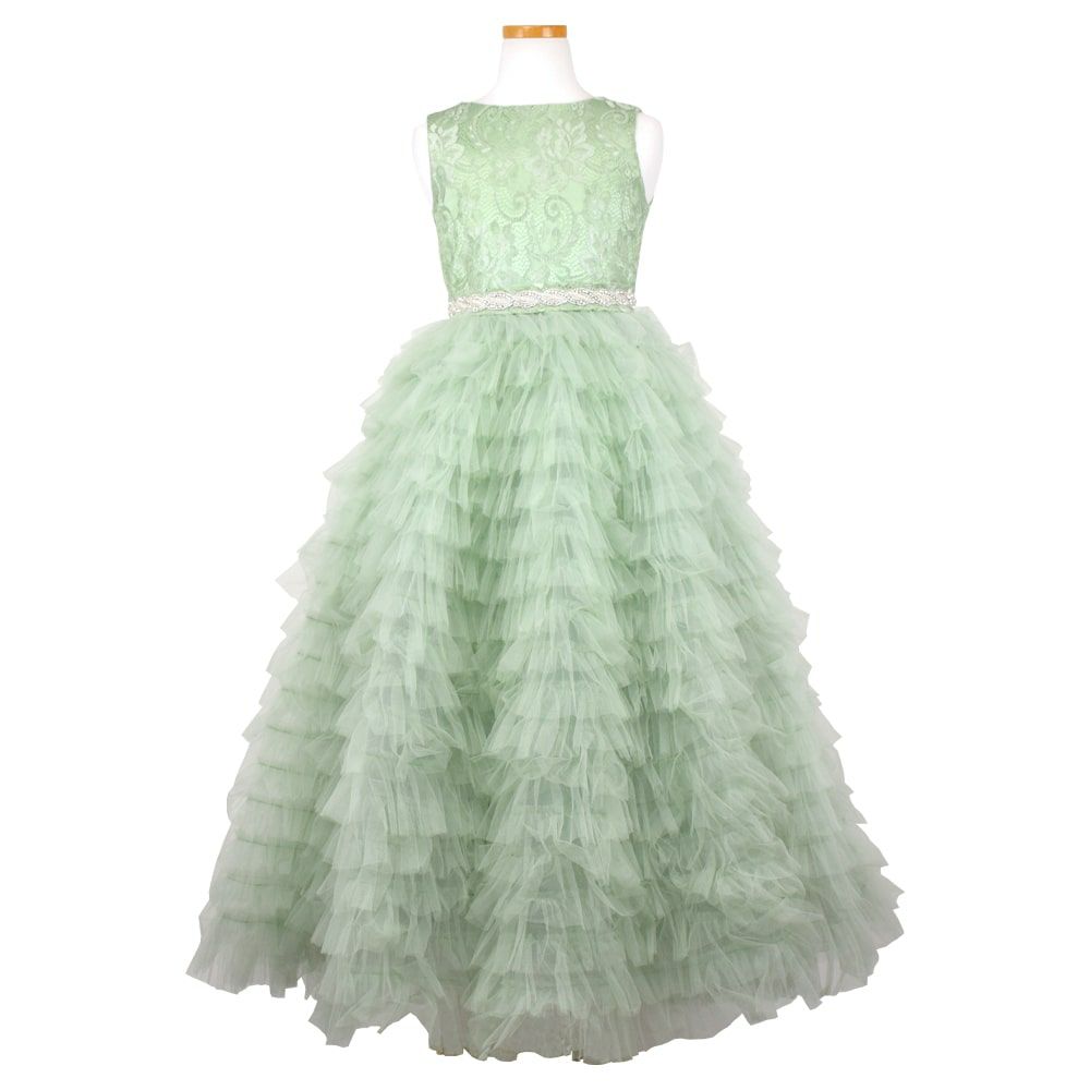 ピアノ発表会や結婚式にぴったりのカラーの女の子用キッズドレス。シンプルで美しいシルエットが魅力のAngel's Closetの子供ドレス レンタル商品（【レンタル】ボタニカルレース＆ラインストーンベルトティアードチュール子供ドレス(YP156)セージ）｜画像2