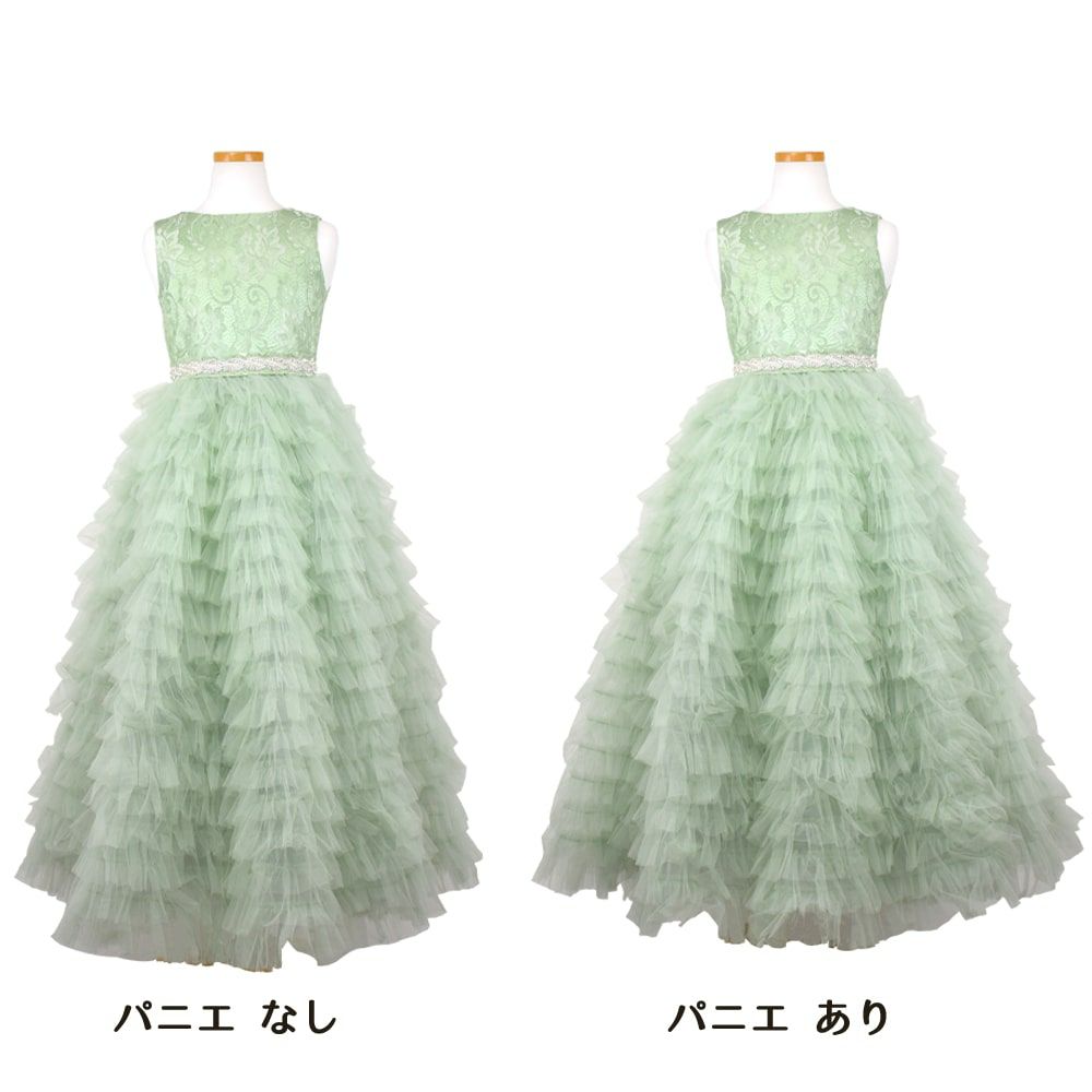 ピアノ発表会や結婚式にぴったりのカラーの女の子用キッズドレス。シンプルで美しいシルエットが魅力のAngel's Closetの子供ドレス レンタル商品（【レンタル】ボタニカルレース＆ラインストーンベルトティアードチュール子供ドレス(YP156)セージ）｜画像7