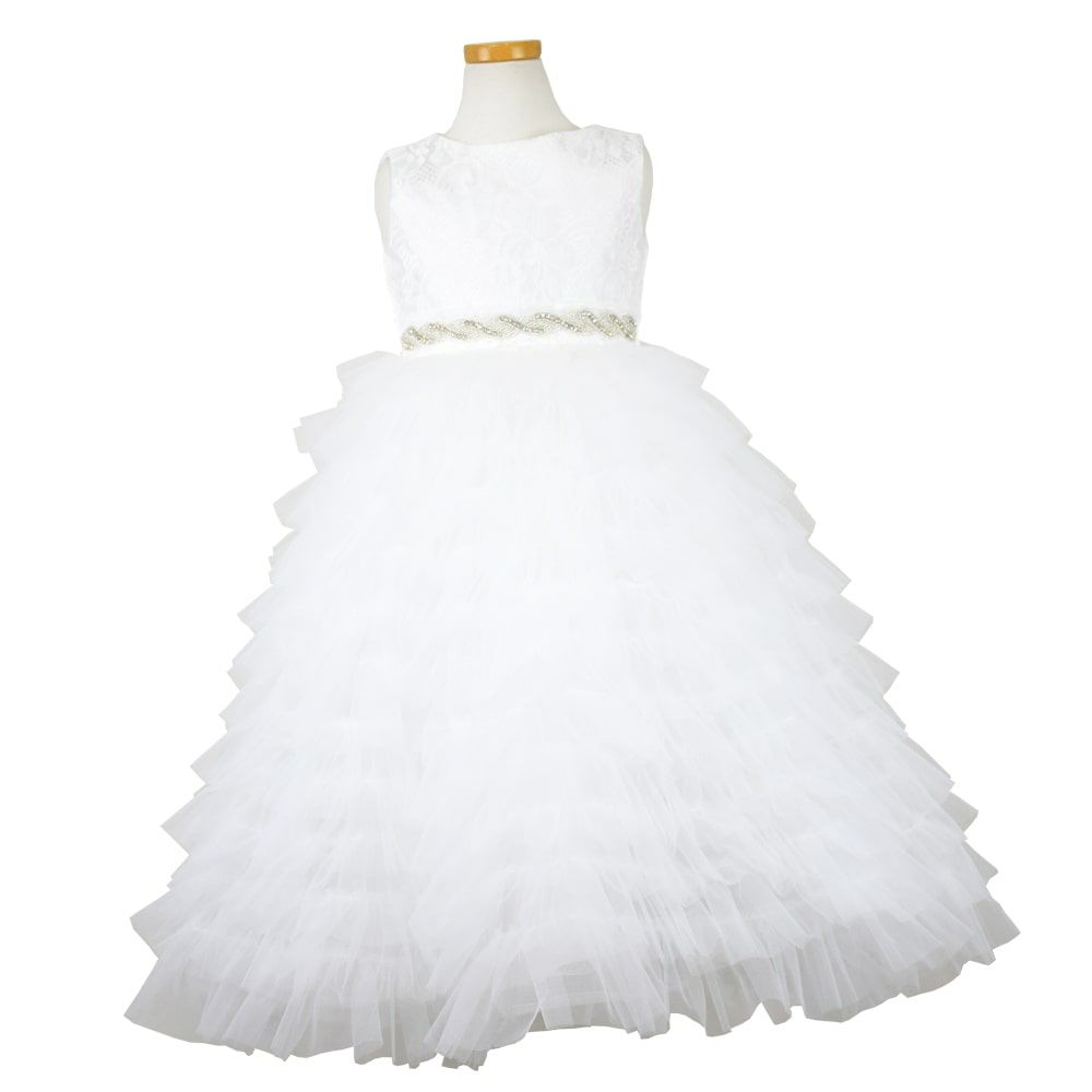 ピアノ発表会や結婚式にぴったりのホワイトカラーの女の子用キッズドレス。シンプルで美しいシルエットが魅力のAngel's Closetの子供ドレス レンタル商品（【レンタル】ボタニカルレース＆ラインストーンベルトティアードチュール子供ドレス(YP156)ホワイト）｜画像2