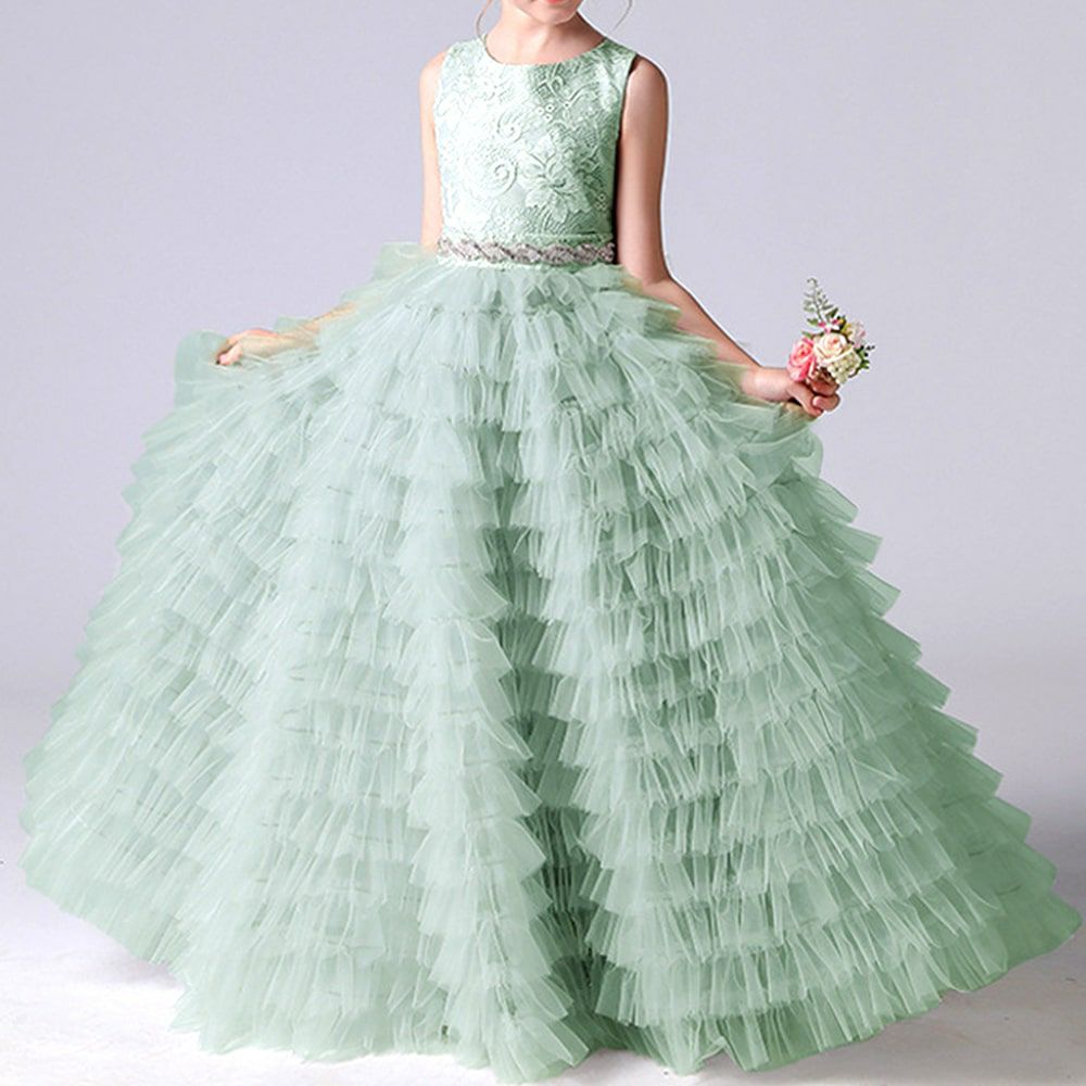 ピアノ発表会や結婚式にぴったりのホワイトカラーの女の子用キッズドレス。シンプルで美しいシルエットが魅力のAngel's Closetの子供ドレス レンタル商品（【レンタル】ボタニカルレース＆ラインストーンベルトティアードチュール子供ドレス(YP156)ホワイト）｜画像14