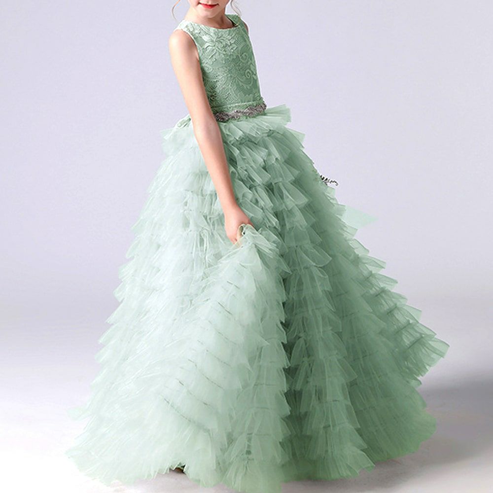 ピアノ発表会や結婚式にぴったりのホワイトカラーの女の子用キッズドレス。シンプルで美しいシルエットが魅力のAngel's Closetの子供ドレス レンタル商品（【レンタル】ボタニカルレース＆ラインストーンベルトティアードチュール子供ドレス(YP156)ホワイト）｜画像15