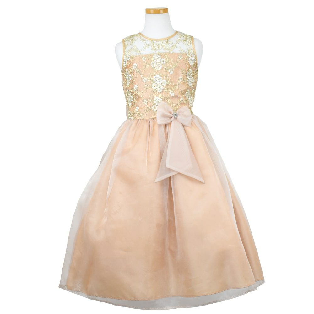 ピアノ発表会や結婚式にぴったりのカラーの女の子用キッズドレス。シンプルで美しいシルエットが魅力のAngel's Closetの子供ドレス レンタル商品（【レンタル】レース＆メタル刺繍オーガンジー子供ドレス（リボンコサージュ付）(CC2461)シャンパン）｜画像2