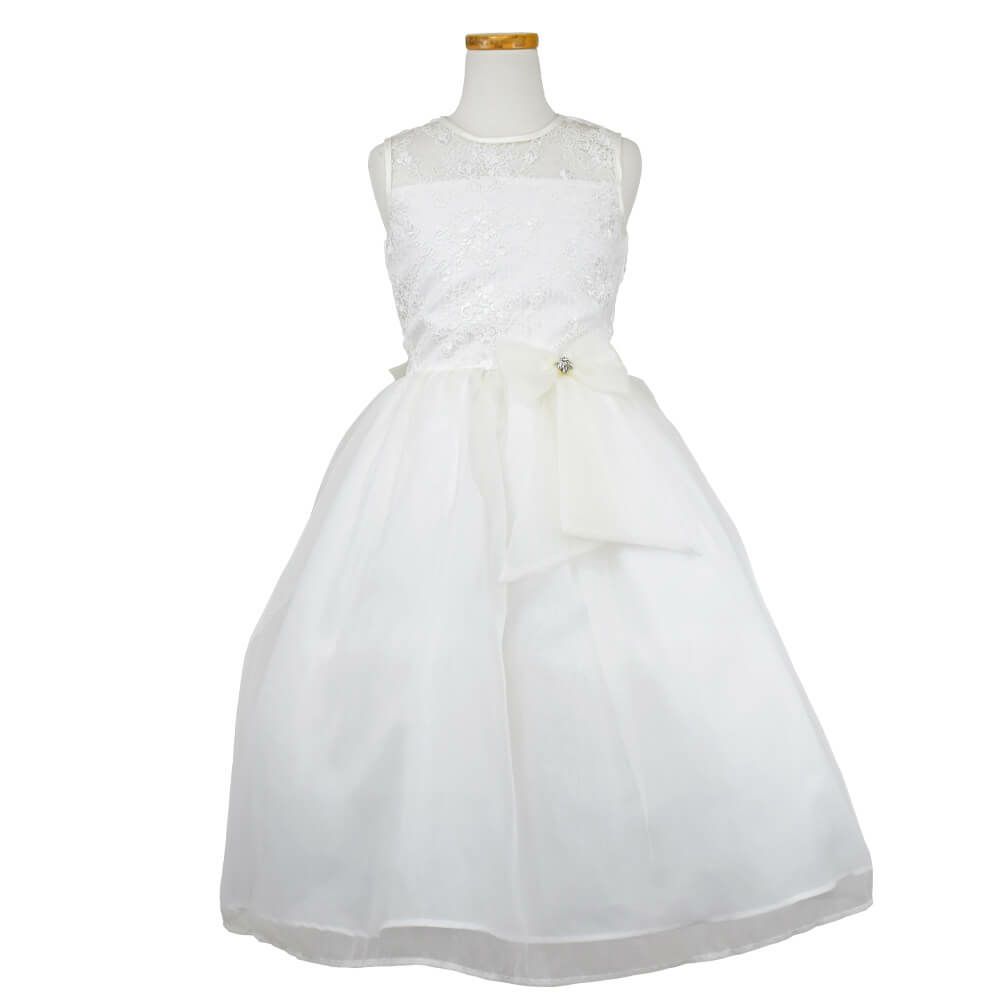 ピアノ発表会や結婚式にぴったりのカラーの女の子用キッズドレス。シンプルで美しいシルエットが魅力のAngel's Closetの子供ドレス レンタル商品（【レンタル】レース＆メタル刺繍オーガンジー子供ドレス（リボンコサージュ付）(CC2461)アイボリー）｜画像2