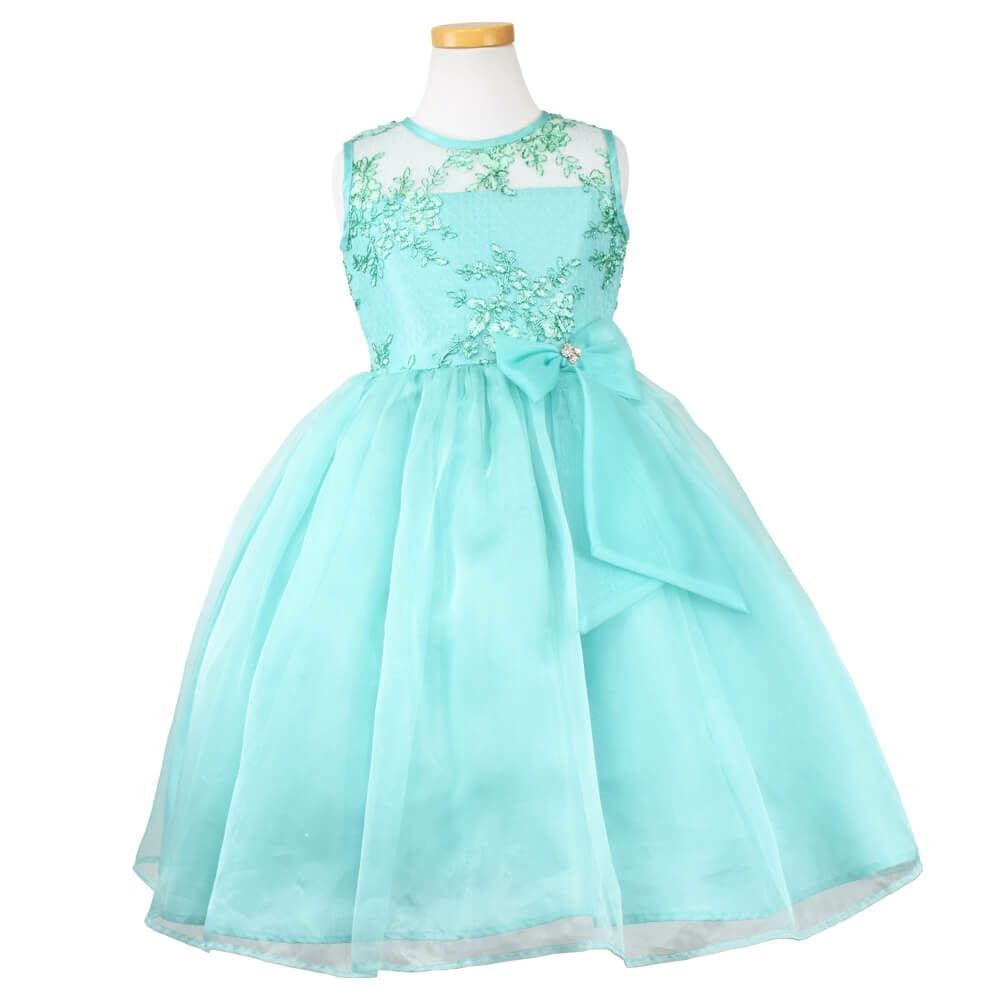 ピアノ発表会や結婚式にぴったりのカラーの女の子用キッズドレス。シンプルで美しいシルエットが魅力のAngel's Closetの子供ドレス レンタル商品（【レンタル】レース＆メタル刺繍オーガンジー子供ドレス（リボンコサージュ付）(CC2461)ミント）｜画像2