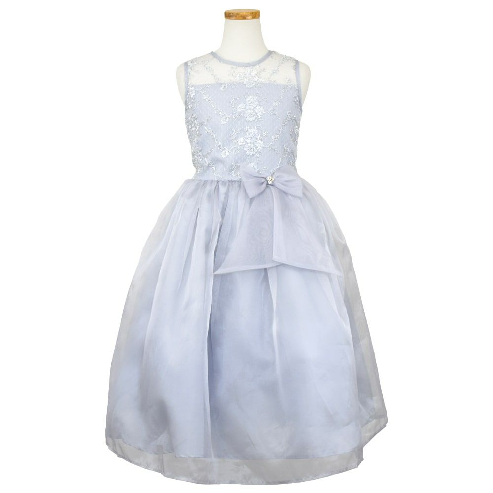 ピアノ発表会や結婚式にぴったりのカラーの女の子用キッズドレス。シンプルで美しいシルエットが魅力のAngel's Closetの子供ドレス レンタル商品（【レンタル】レース＆メタル刺繍オーガンジー子供ドレス（リボンコサージュ付）(CC2461)シルバー）｜画像2