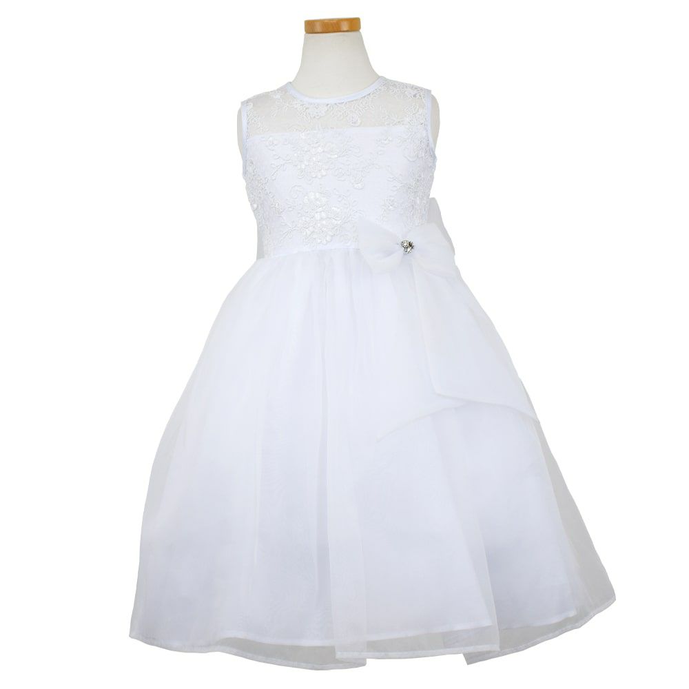 ピアノ発表会や結婚式にぴったりのホワイトカラーの女の子用キッズドレス。シンプルで美しいシルエットが魅力のAngel's Closetの子供ドレス レンタル商品（【レンタル】レース＆メタル刺繍オーガンジー子供ドレス（リボンコサージュ付）(CC2461)ホワイト）｜画像2