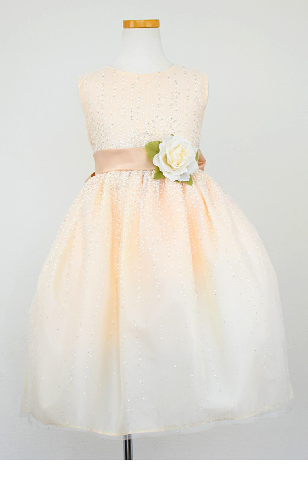 ピアノ発表会や結婚式にぴったりのカラーの女の子用キッズドレス。シンプルで美しいシルエットが魅力のAngel's Closetの子供ドレス レンタル商品（【レンタル】サテンリボン＆スターダストチュール子供ドレス(CK329)タープ）｜画像3